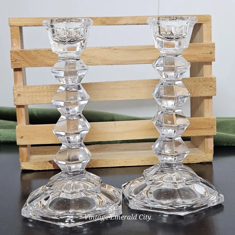 Vtg MIKASA Crystal Clear JewelStone Pattern Candlestick Candle Holder Set of 2